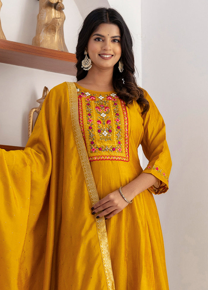 3 Pc Yellow Readymade Silk Dupatta Suit Set