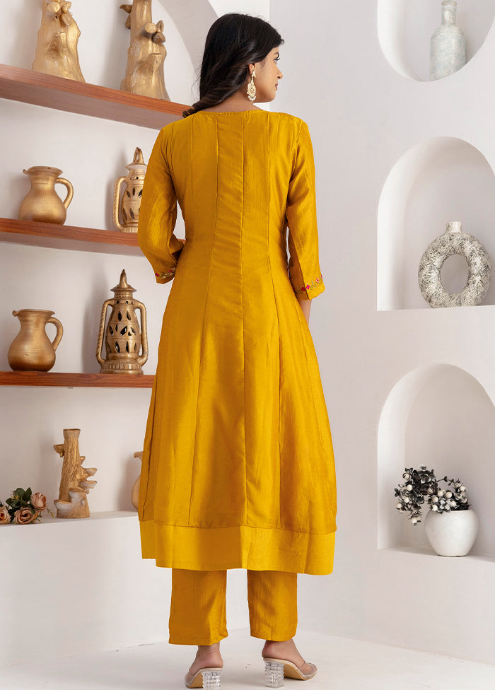 3 Pc Yellow Readymade Silk Dupatta Suit Set