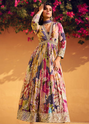 2 Pc Multicolor Silk Anarkali Suit Set