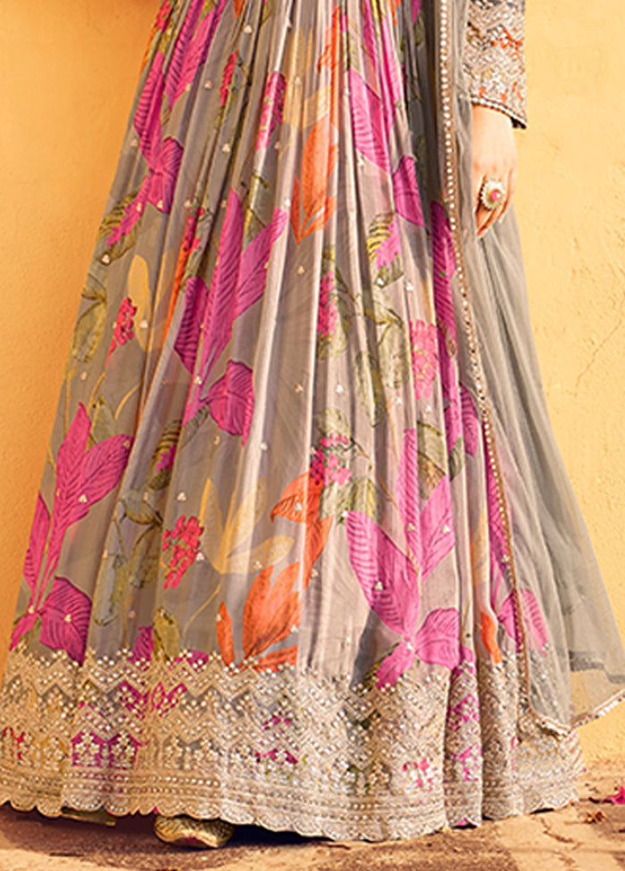 2 Pc Grey Silk Anarkali Suit Set