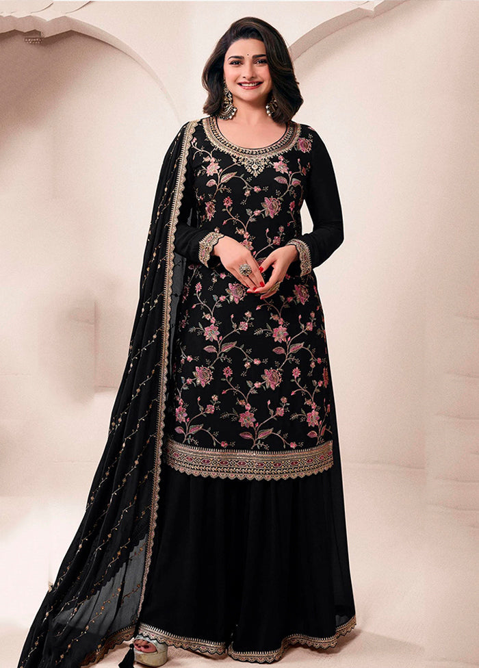 3 Pc Black Silk Sharara Suit Set