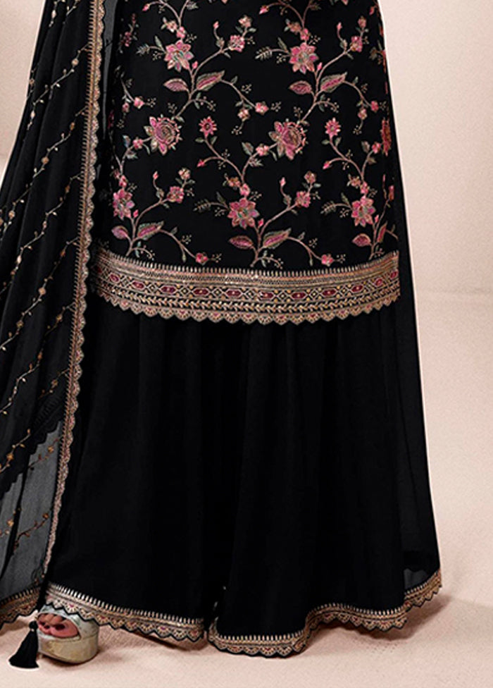 3 Pc Black Silk Sharara Suit Set