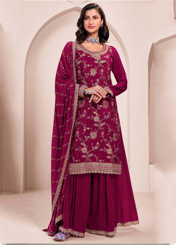 3 Pc Wine Silk Sharara Suit Set