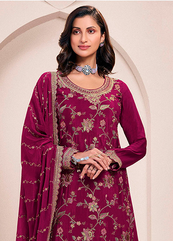 3 Pc Wine Silk Sharara Suit Set