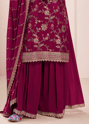3 Pc Wine Silk Sharara Suit Set