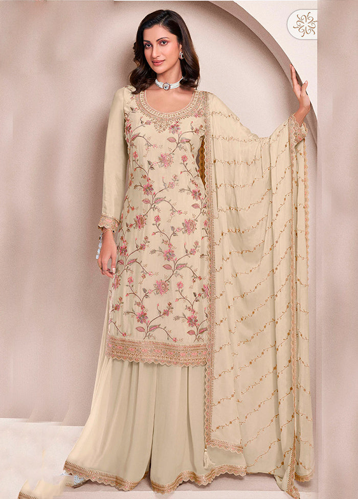 3 Pc Cream Silk Sharara Suit Set