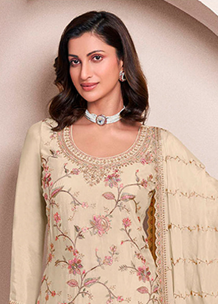 3 Pc Cream Silk Sharara Suit Set