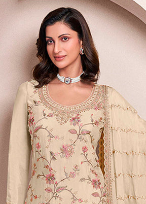 3 Pc Cream Silk Sharara Suit Set