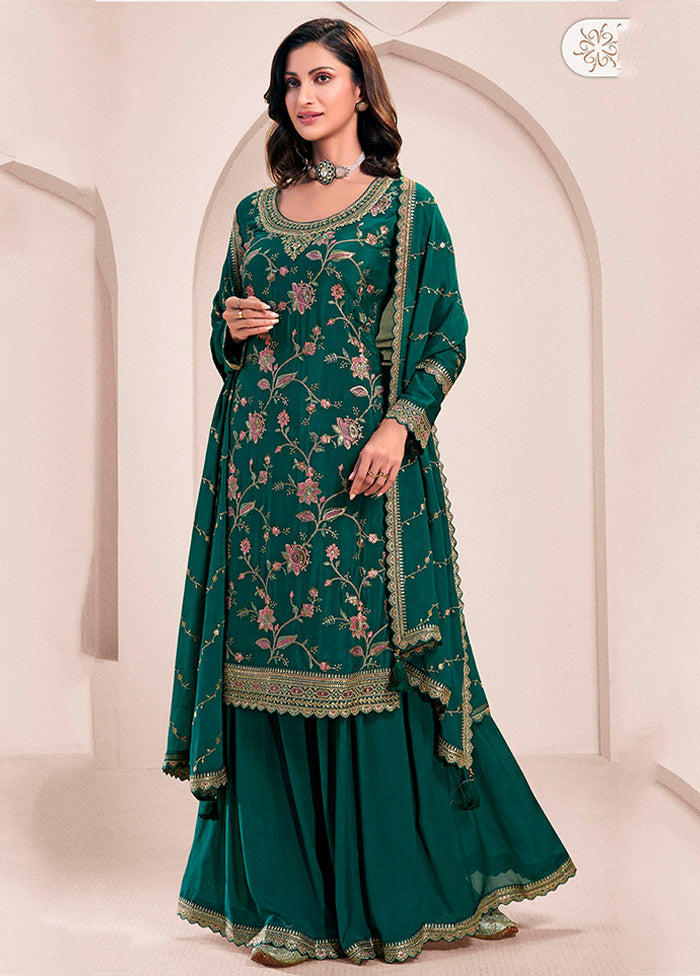 3 Pc Green Silk Sharara Suit Set
