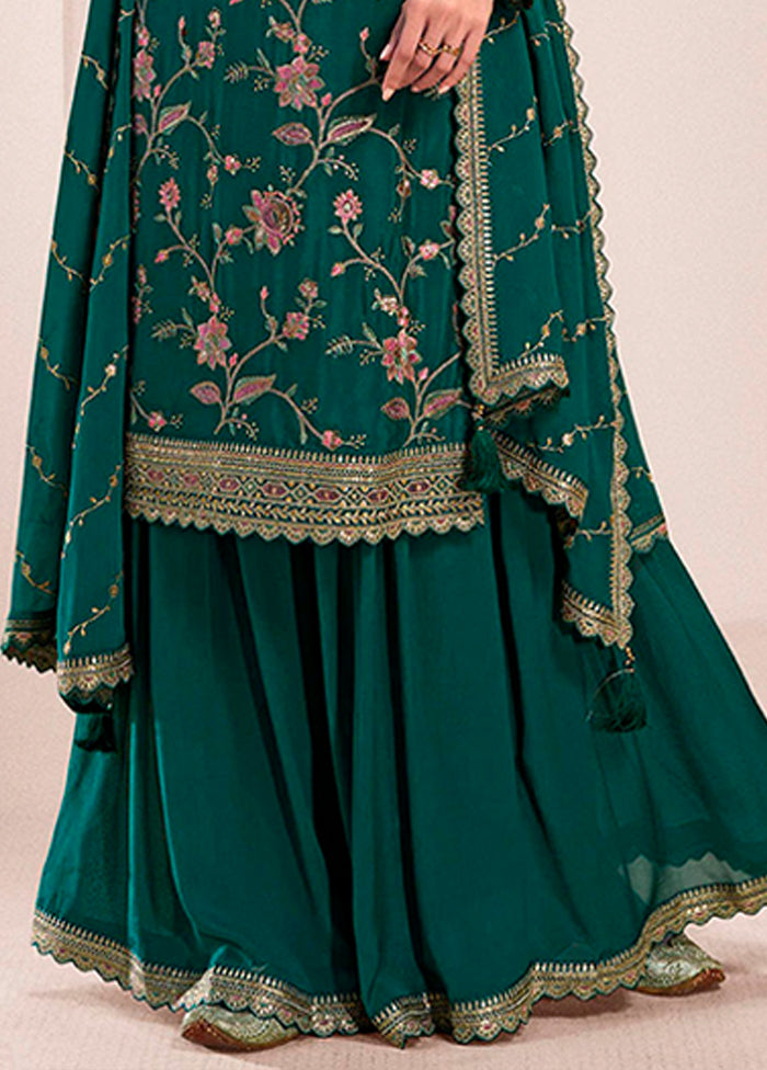 3 Pc Green Silk Sharara Suit Set
