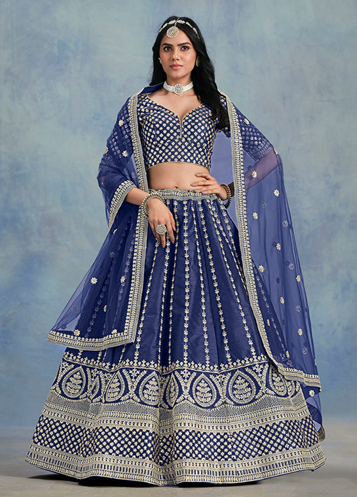 Blue Blended Silk Lehenga Set