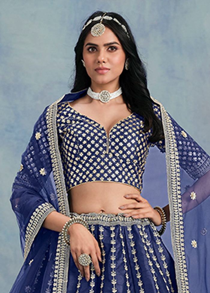 Blue Blended Silk Lehenga Set