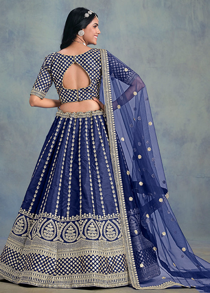 Blue Blended Silk Lehenga Set