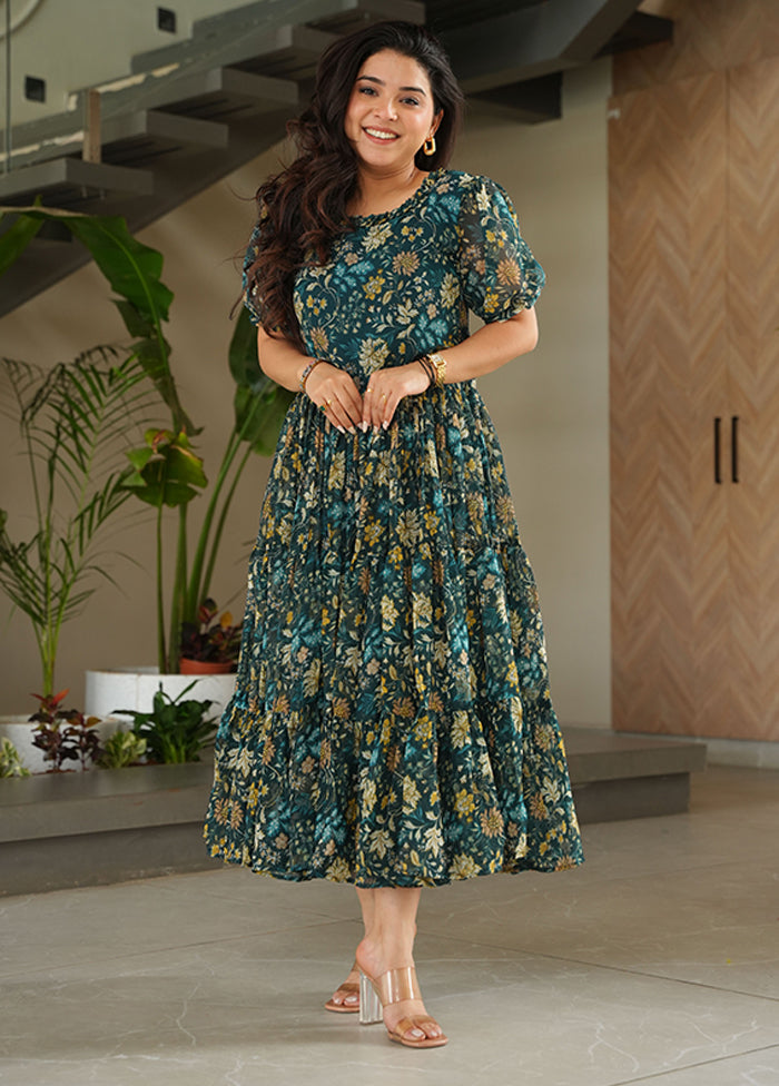 Blue Printed Work Georgette Kurti