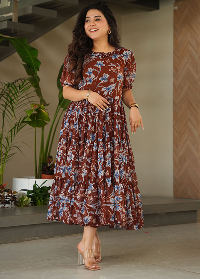 Brown Printed Work Georgette Kurti
