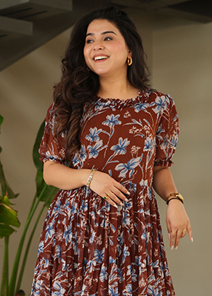 Brown Printed Work Georgette Kurti