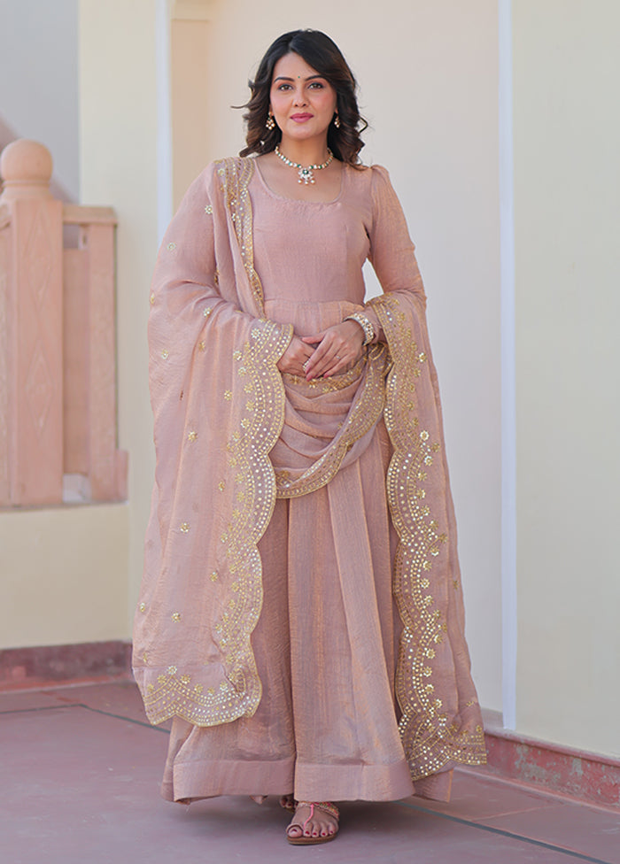 Purple Embroidery Work Silk Gown With Dupatta Set