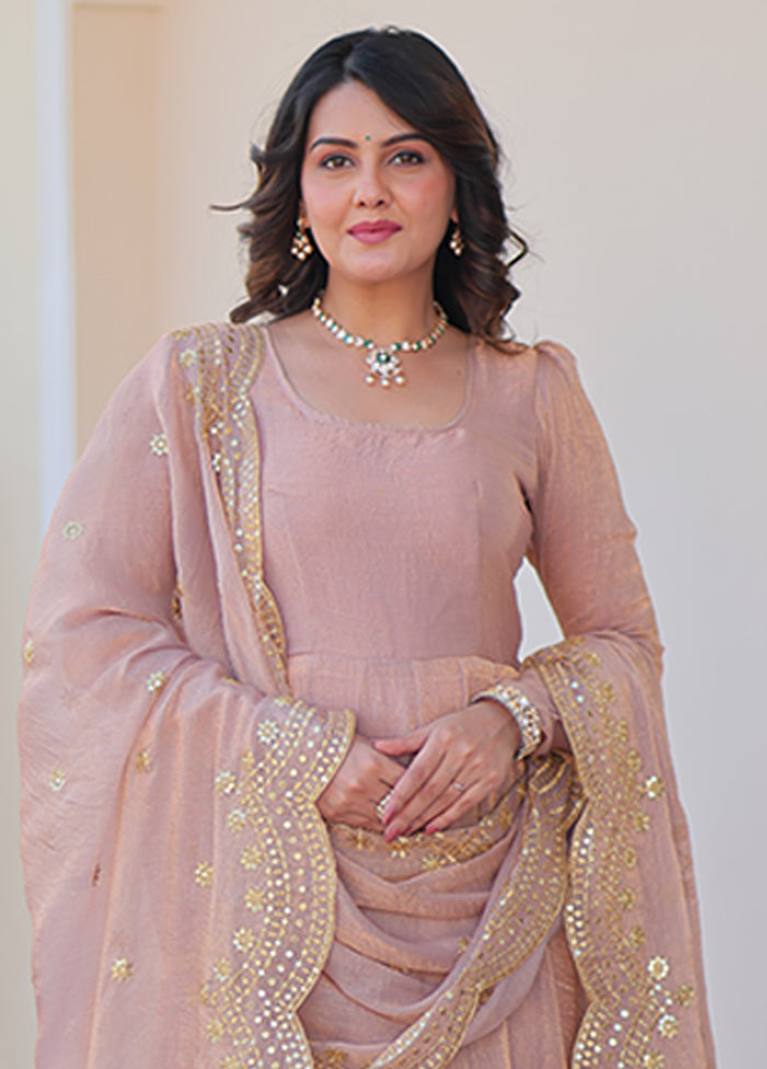 Purple Embroidery Work Silk Gown With Dupatta Set