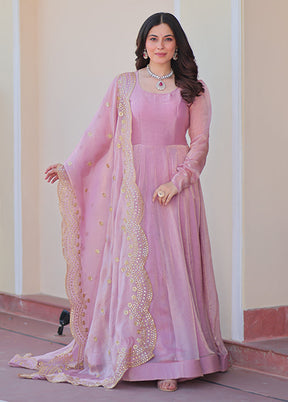 Pink Embroidery Work Silk Gown With Dupatta Set