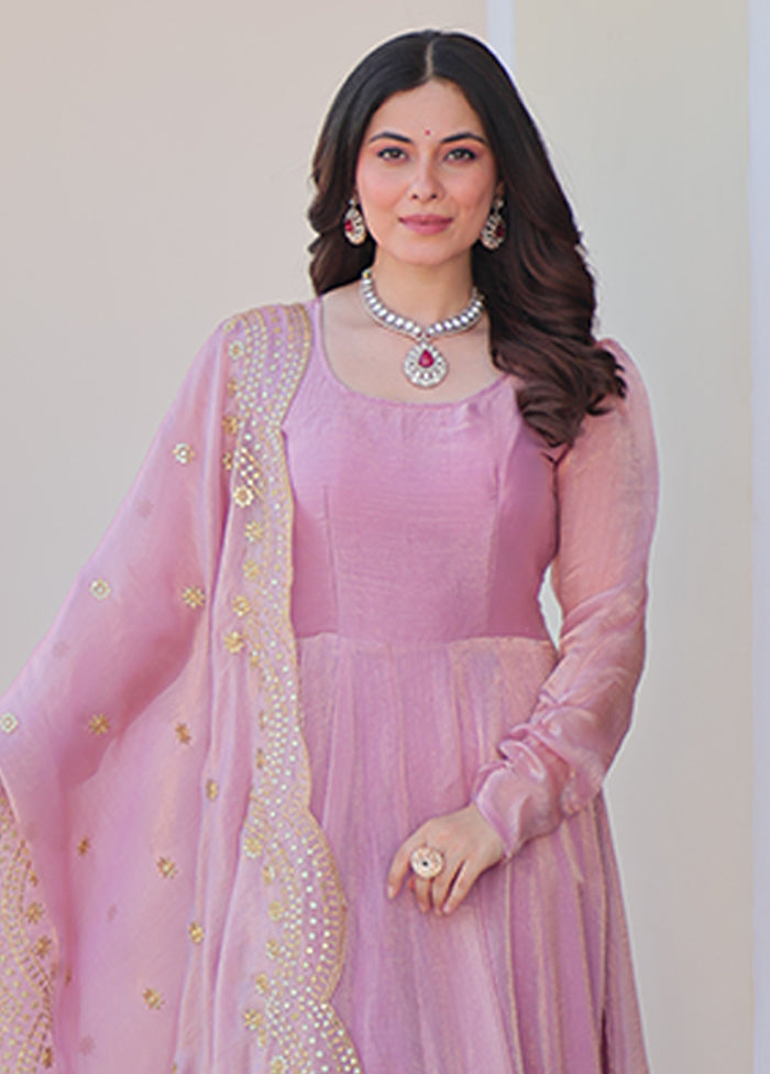 Pink Embroidery Work Silk Gown With Dupatta Set
