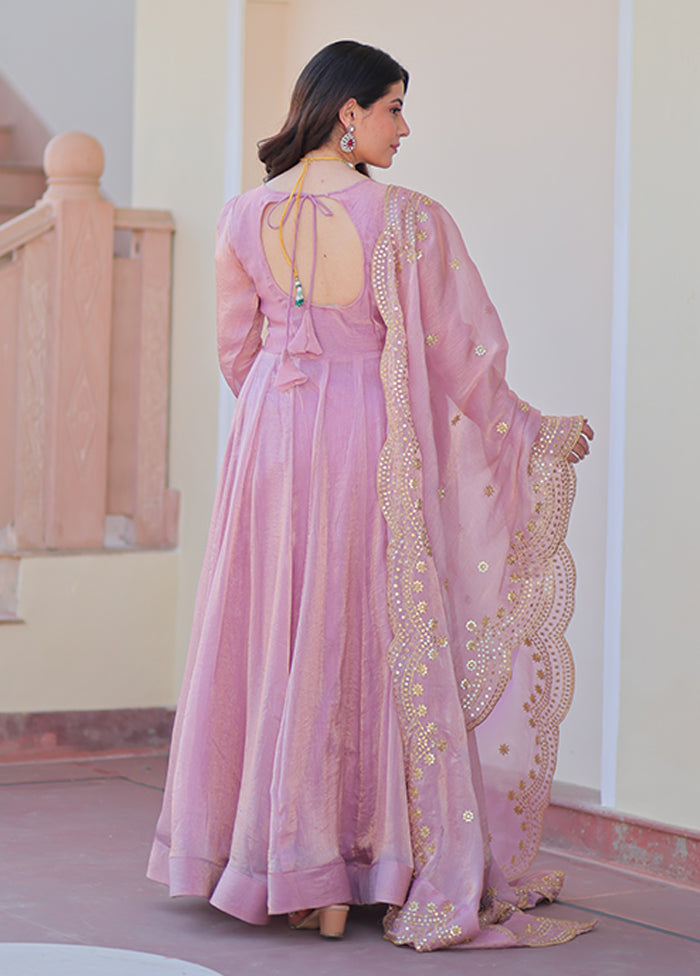 Pink Embroidery Work Silk Gown With Dupatta Set