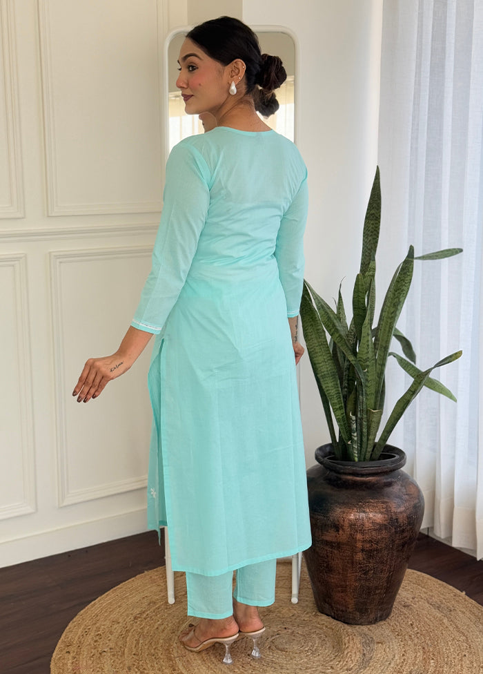 3 Pc Sky Blue Readymade Cotton Dupatta Suit Set