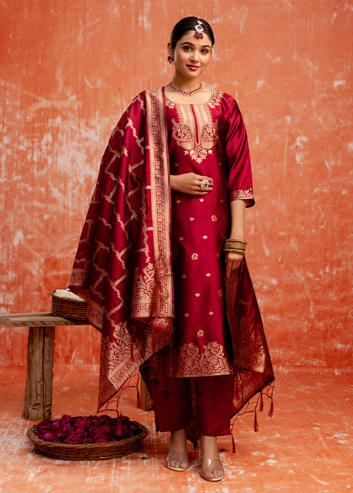 3 Pc Maroon Readymade Cotton Dupatta Suit Set