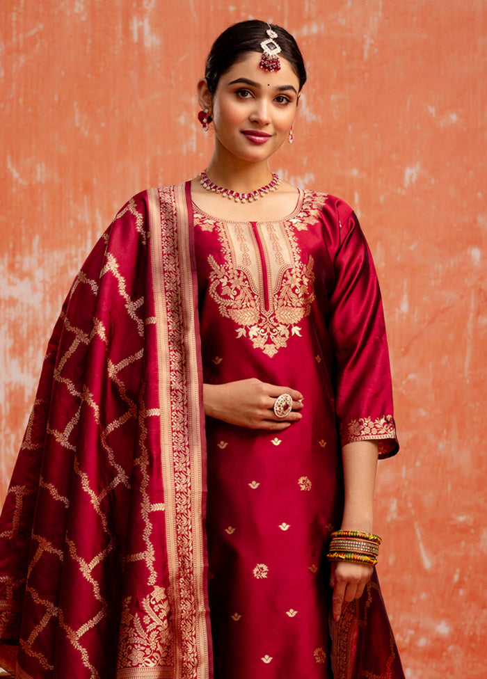 3 Pc Maroon Readymade Cotton Dupatta Suit Set