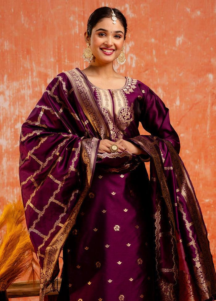 3 Pc Purple Readymade Cotton Dupatta Suit Set