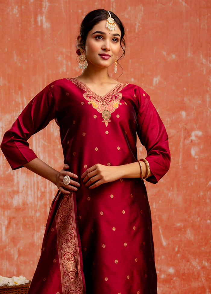 3 Pc Maroon Readymade Cotton Dupatta Suit Set