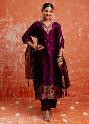3 Pc Purple Readymade Cotton Dupatta Suit Set