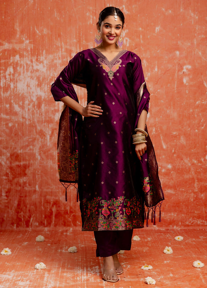 3 Pc Purple Readymade Cotton Dupatta Suit Set