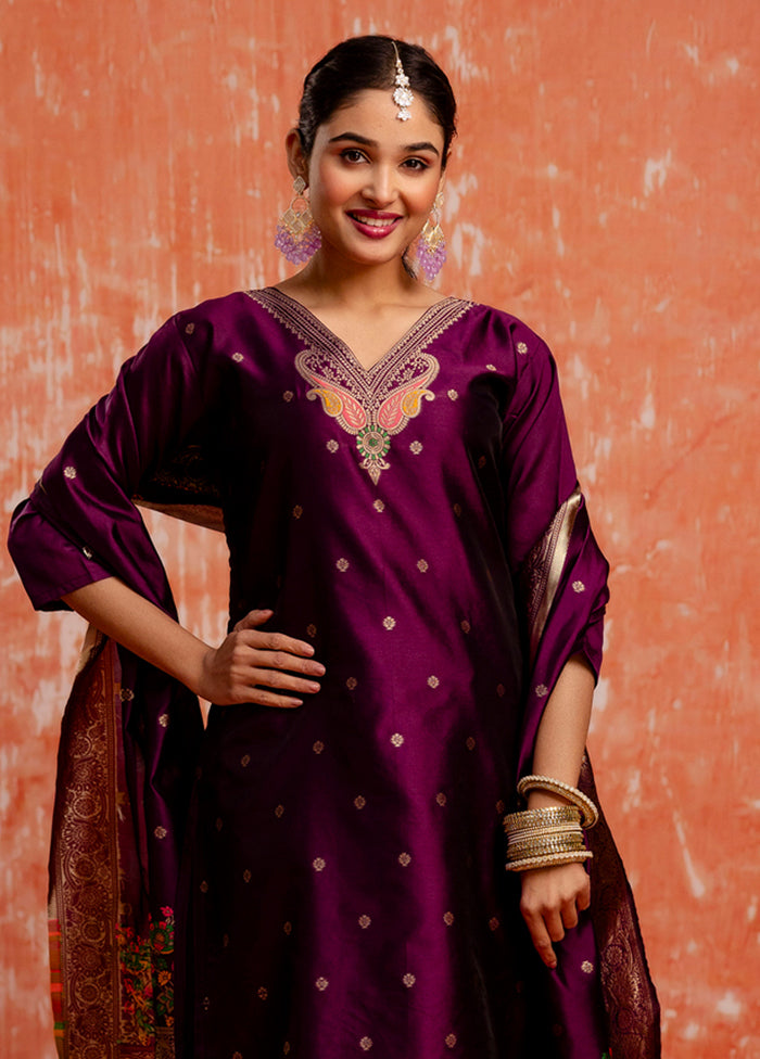 3 Pc Purple Readymade Cotton Dupatta Suit Set