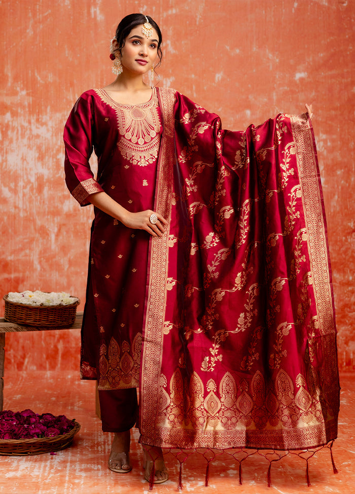 3 Pc Maroon Readymade Cotton Dupatta Suit Set