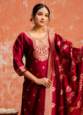 3 Pc Maroon Readymade Cotton Dupatta Suit Set