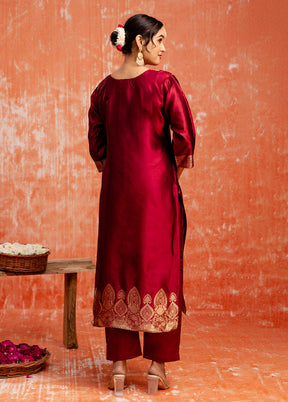 3 Pc Maroon Readymade Cotton Dupatta Suit Set