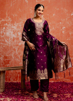3 Pc Purple Readymade Cotton Dupatta Suit Set