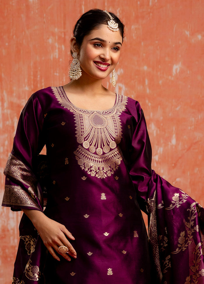 3 Pc Purple Readymade Cotton Dupatta Suit Set