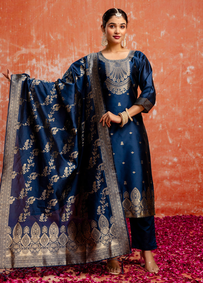 3 Pc Teal Readymade Cotton Dupatta Suit Set