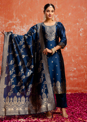 3 Pc Teal Readymade Cotton Dupatta Suit Set