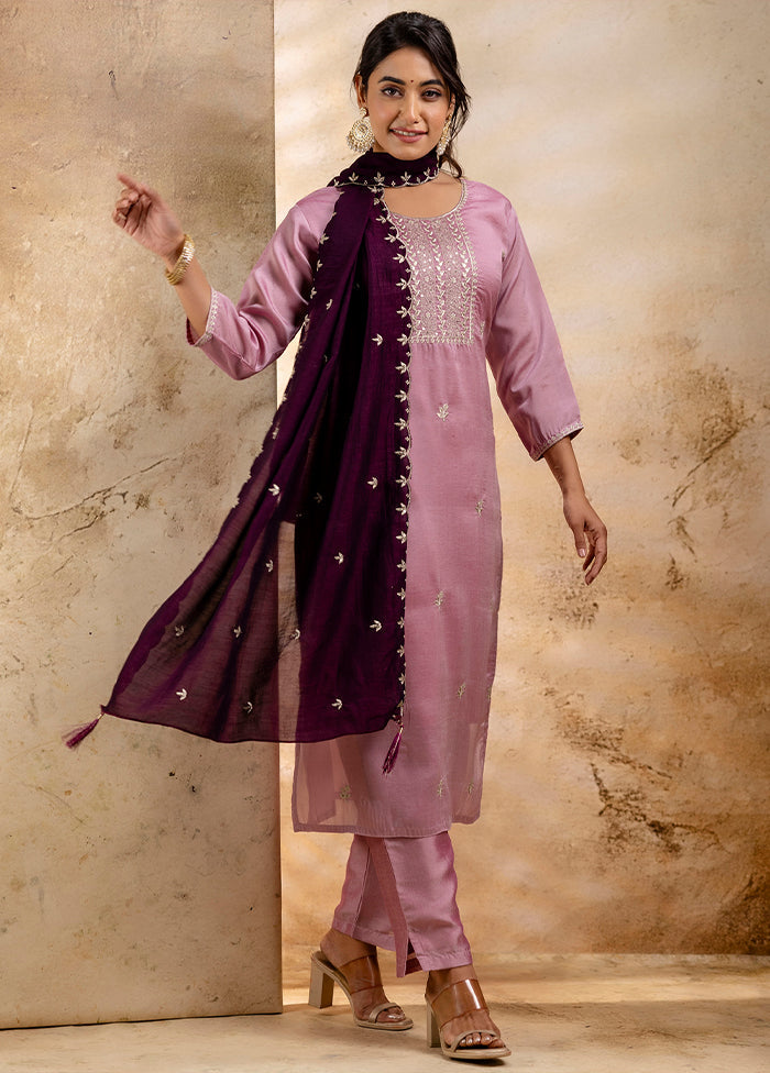 3 Pc Lavender Readymade Silk Dupatta Suit Set