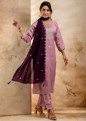 3 Pc Lavender Readymade Silk Dupatta Suit Set