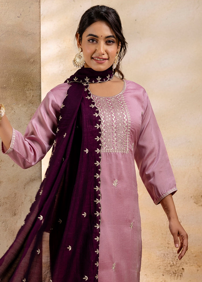 3 Pc Lavender Readymade Silk Dupatta Suit Set