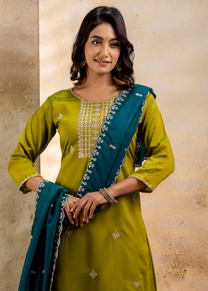 3 Pc Mehendi Readymade Silk Dupatta Suit Set