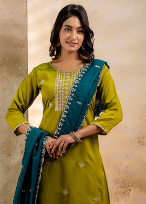 3 Pc Mehendi Readymade Silk Dupatta Suit Set
