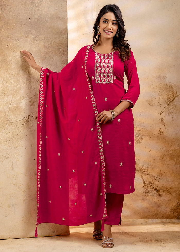 3 Pc Pink Readymade Silk Dupatta Suit Set