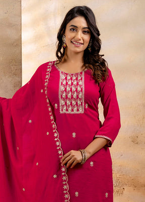 3 Pc Pink Readymade Silk Dupatta Suit Set