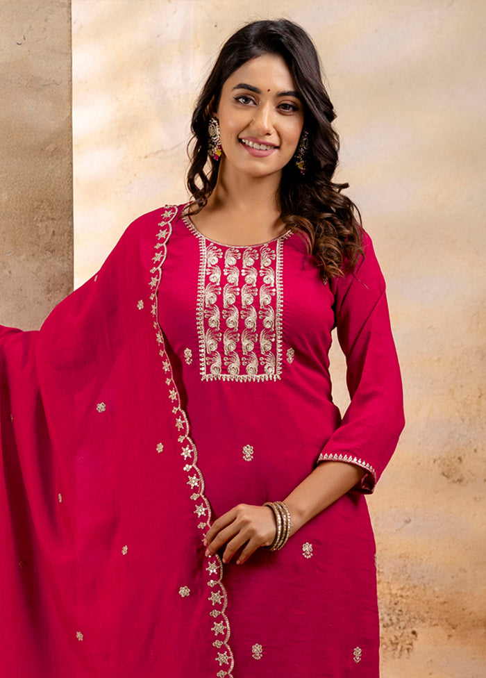 3 Pc Pink Readymade Silk Dupatta Suit Set