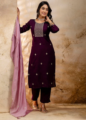 3 Pc Purple Readymade Silk Dupatta Suit Set
