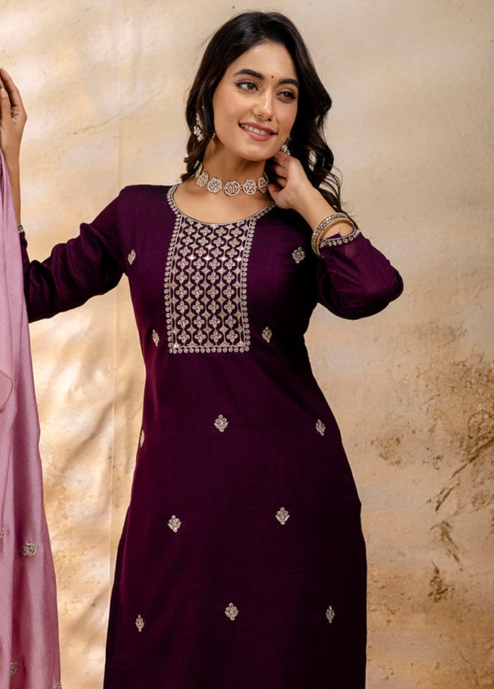 3 Pc Purple Readymade Silk Dupatta Suit Set